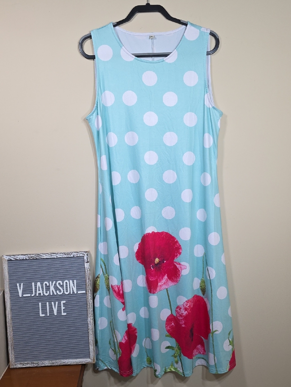 Light Blue Polka Dot Midi Dress with Red Floral Print